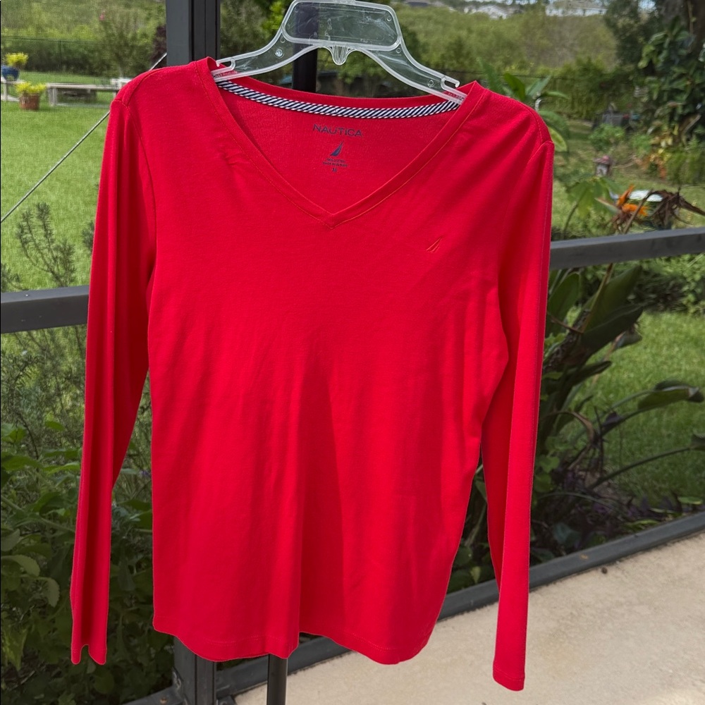NAUTICA Womens medium cotton Long Sleeve Red T-Shirt NWOT